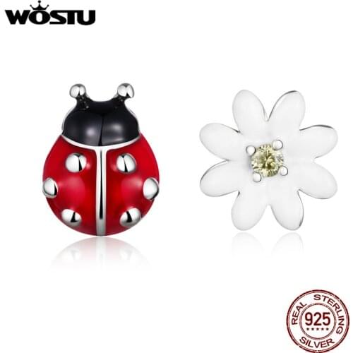 WOSTU Hot Sale Real 925 Sterling Silver Summer Daisy Flower Red Ladybug Exquisite Stud Earrings for Women Fashion Jewelry CQE917