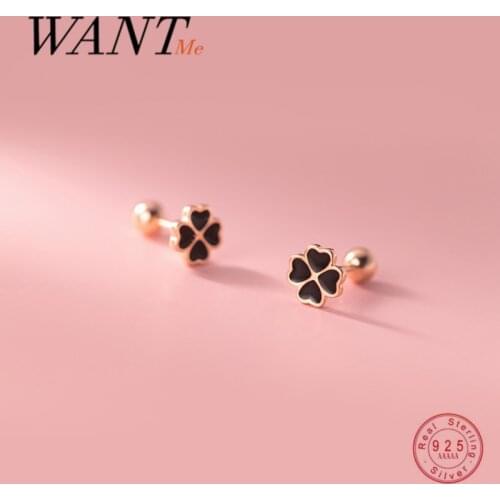 WANTME Genuine 925 Sterling Silver Chic Black Zircon Four-leaf Clover Spiral Bead Stud Earrings for Women Party Wedding Jewelry