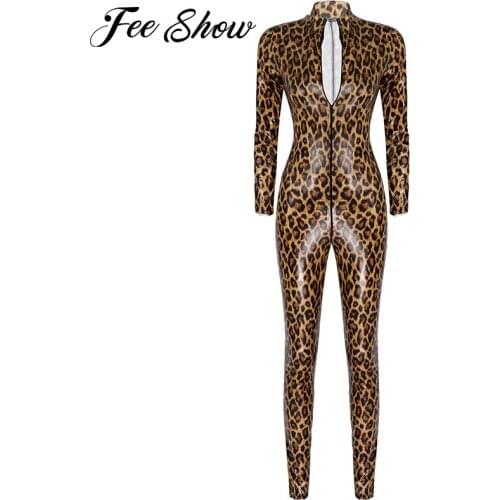 Women Fashion Leopard Print Latex Suit Patent Leather Bodysuit Long Sleeve Zipper Open Crotch Catsuit Leotard Slim Fit Jumpsuits