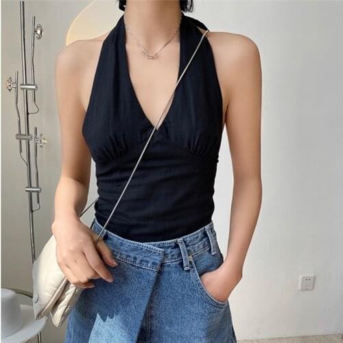 2021 New Summer Fashion Female Sling V Neck Solid Color Slim High Quality Women Top Casual Elegant Ladies Tops T124