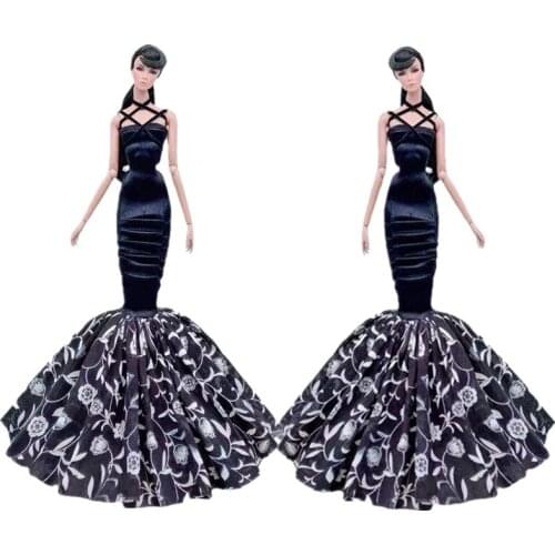 1/6 BJD Clothes for Barbie Doll Outfits Black Floral Fishtail Wedding Dress Party Gown 1:6 Doll Accessory Girl Toy Birthday Gift