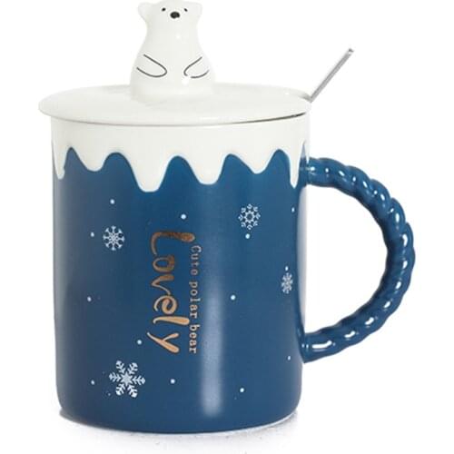 1 Set Christmas Ceramic Cup With Lid And Spoon Winter Cartoon Polar Bear Mug Student Glass Coffee Mugs