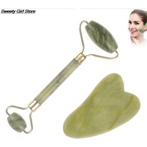 2PC Face Massager Green Jade Rollers Facial Skin Care Tools Natural Stone Gouache Scraper For Face Beauty Roller Massagers Set