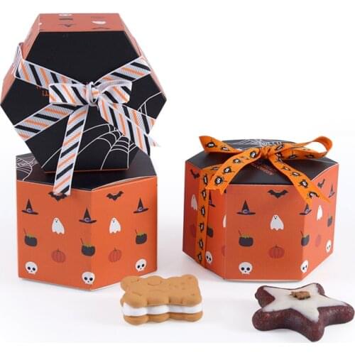 5/10pcs Halloween Candy Cookies Boxes Pumpkin Bat Ghost Pattern Small Hexagon Gift Box Packaging Halloween Decor Party Supplies