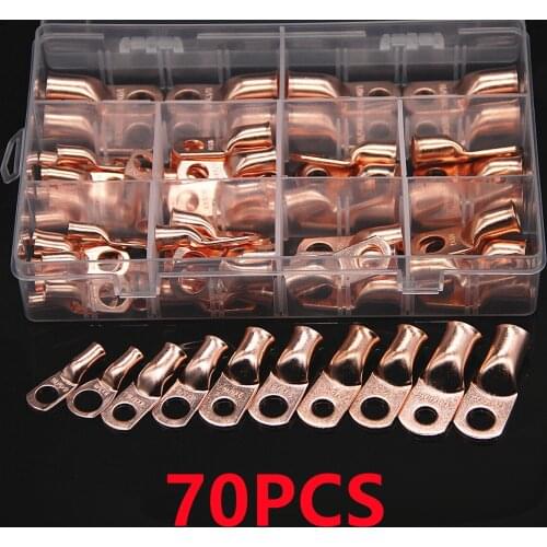 70PCS SC Bare Copper Splice Crimp Terminals Electrical Cable Wire Lug Ring Connectors 8 4 2 0/1 AWG Battery Terminals Assortment