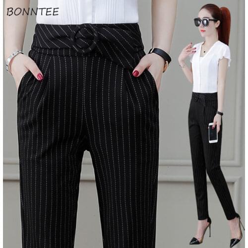 Casual Pants Women Simple Black Striped Elegant Office Lady Trouser High Waist Oversize Summer New Fashion Business Femme Capris