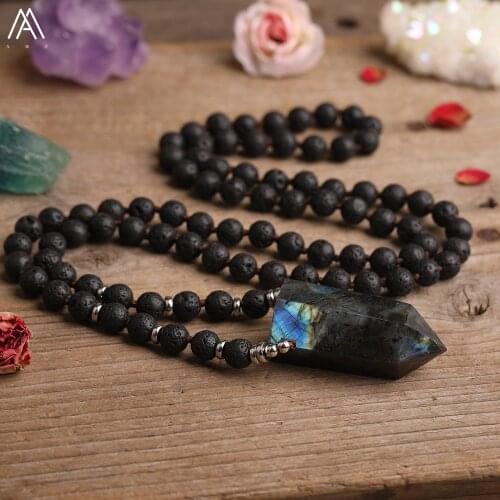 Natural Flash Labradorite Stone Point Beads Pendant 8mm Black Lava Round Beads Knotted Mala Necklace For Women Handmade Jewerly