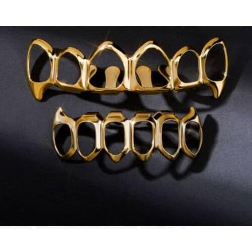 European American Hip-Hop Teeth Grillz Men Hollow Braces Trendy Big Gold Teeth Gold Color Plated For Halloween