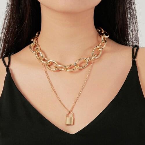 GinaDeer Punk Style Stainless Steel Jewelry Exaggerated Chain Necklace Multilayer Lock Pendant Long Necklace Women Collier