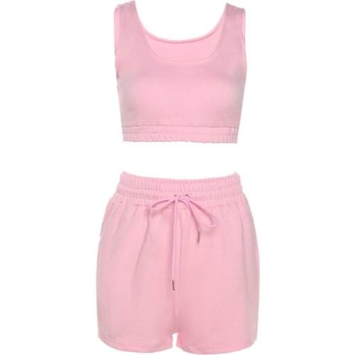 40GC Women Casual Solid Color Sportswear 2 Pieces Sleeveless Crop Tank Top and Drawstring Shorts Matching Set Summer Workout