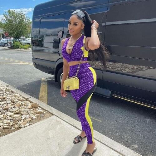 Aesthetic Print Fitness Two Piece Pant Suit Deep V Neck Sleeveless Tank Tops and Pencil Legging Sweatsuit Active Wear Tracksuit