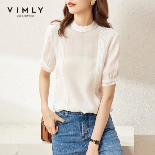 VIMLY Summer Womens Blouse Elegant Short Sleeve Chiffon Shirts 2021 Korean Stand Collar Blouses Office Ladies Casual Tops F6835