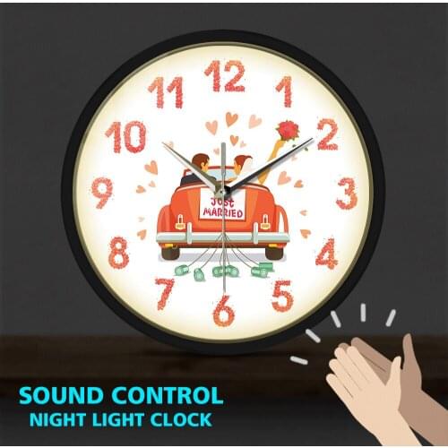 JUST MARRIED Wedding Home Decor Metal Frame LED Wall Clock Sound Activated Wall Watch Anniversary Engagement Valentine Gifts