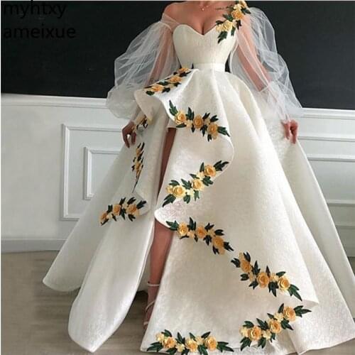Cheap Long Sleeves White Evening Dresses 2020 Ball Gown Split Lace Flowers Islamic Dubai Saudi Arabic Formal Gowns Prom Dress
