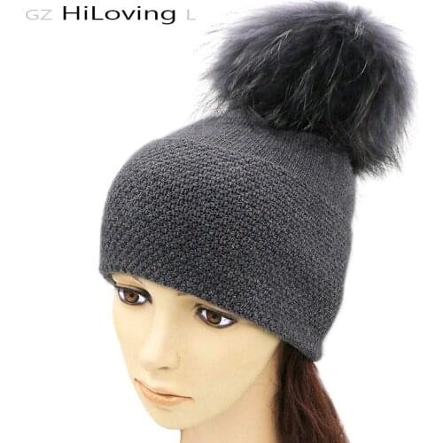 GZHilovingL New Women Autumn Winter Real Fur pompm Beanies Hat Soft Warm Wool Knitted Skullies Hat Ladies Girls Winter Hat Cap