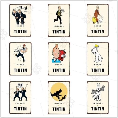 Childrens Room Tin Plate Anime Metal Sign Funny Wall Sticker Cartoon Adventures Of Tintin Decoration Metal Plaque Home Decor