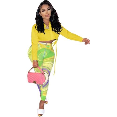 Autumn Print Colorful Women Two Piece Set Sheer Mesh Shirt And Long Pants High Streer Tracksuit Clothes For Women Outfit