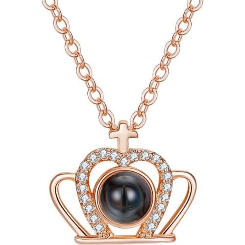2020 New LADIES NECKLACE Rose Gold With AAA Zircon Stone 100 Language I Love You Crown Charm Projection Necklace