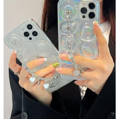 Wrist Chain Case for iPhone 12 Pro Max 7 8 Plus XR XS Max SE Transparent Cases Cute Lover Heart Chain Hanging Case for iPhone 11