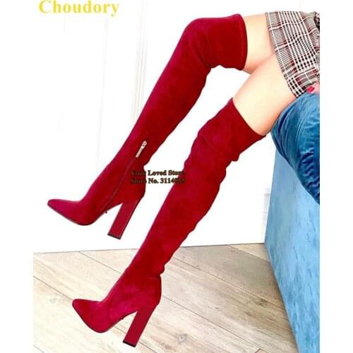 Choudory Red Black Suede Chunky Heel Long Boots Pointed Toe Zipper Over The Knee Boots Slim Fit Thigh High Gladiator Boot Size47