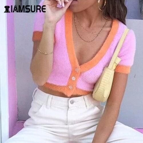 IAMSURE Streetwear Patchwork Short Sleeve Y2K Cropped Cardigans Sweater For Women 2020 Autumn V Neck Casual 90s Cute Sweater