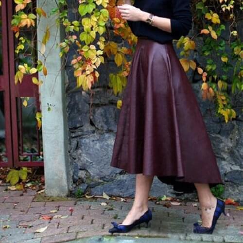 European Fashion Beautiful Women Imported Super Soft Sheepskin Genuine Leather Long Skirt Female A-line Irregular Wine Red Jupe