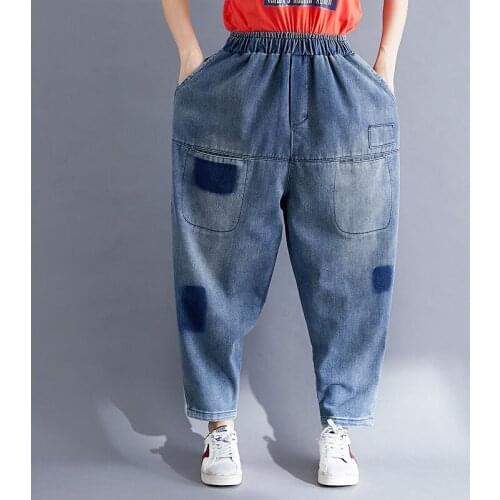Spring Arts Style Women Elastic Waist Loose Vintage Blue Jeans Double Pocket Assorted Colors Denim Harem Pants Plus Siz V309