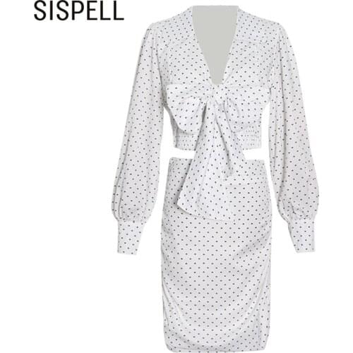 SISPELL Elegant Dot Two Piece Set For Women V Neck Long Sleeve Lace Up Shirt A Line Skirt Female Sets 2020 Fashion Clothing