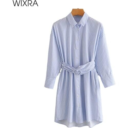 Wixra Womens Long Sleeve Dress Streetwear Turn-down Collar Belt Striped Short Dresses A Line Shirts Clothes Summer Autumn