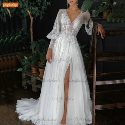 Sexy BOHO White Wedding Gown 2021 Long Sleeves V Neck Vestido De Noiva A Line Cinderella Bride Dresses Custom Made Suknia Slubna