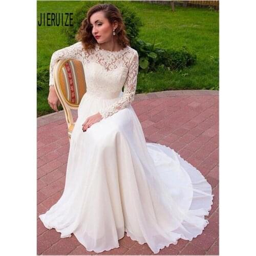 JIERUIZE Lace Wedding Gowns Long Sleeves Jewel Bow Sash Button Back Neck Bridal Dresses Vestios De Novia