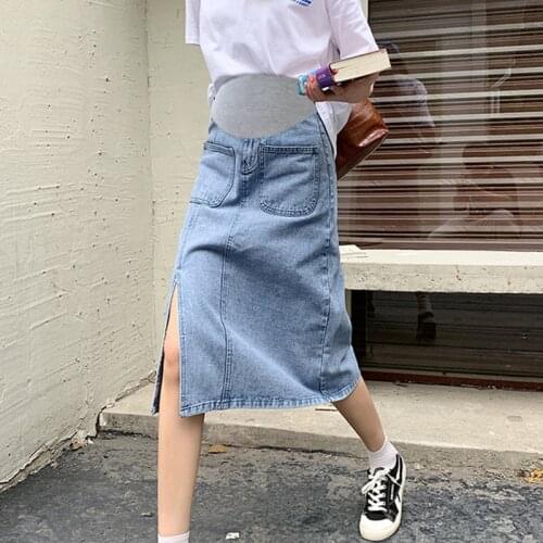 8952# Autumn Chic Ins Fashion Denim Maternity Skirts Side Splits Elastic Waist Belly Pencil Skirts Clothes for Pregnant Women
