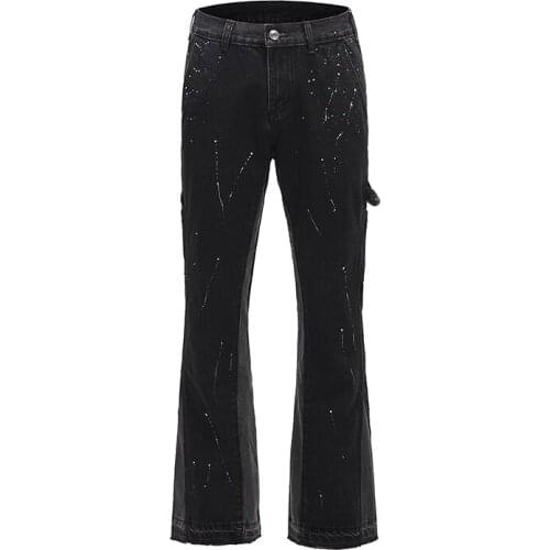 High Street Retro Spotted Ink Contrast Color Flared Jeans Pants Male Wide Leg Plus Size Patchwork Ripped Denim Trousers