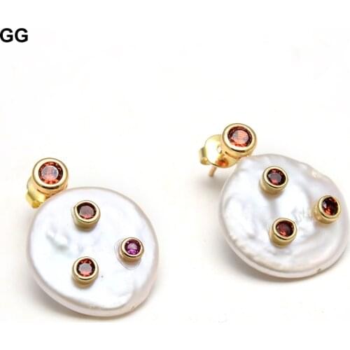 GuaiGuai Jewelry Natural Freshwater Cultured White Coin Pearl Red Cz Pave Stud Earrings For Women 2021 New Earrings For Women
