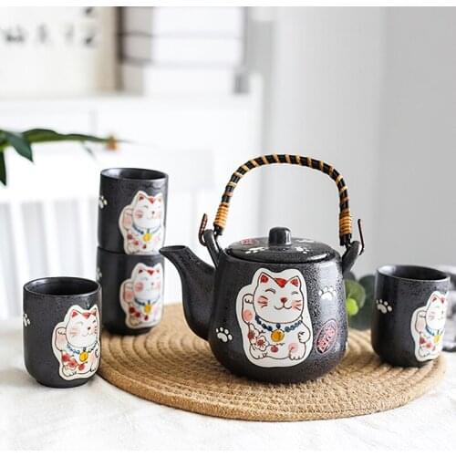 Ceramics Coffee Tea Set Lucky Cat Pink Black Japanese Bone China Kettle Cup Pot Water Ware Household Kitchen Supplies Drinkware