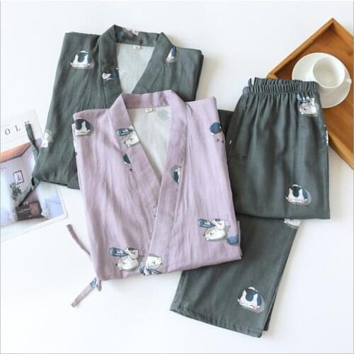 Japanese-style kimono cotton gauze spring and autumn Couples Cartoons nightgown two-piece home service yukata lace-up pajama set