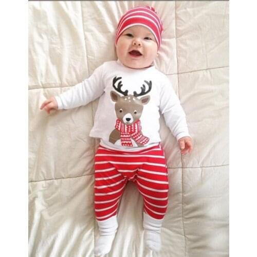 3PCS Cute Baby Boys Girls Xmas Deer Print Tops Long Sleeve Pants Legging Hat Outfit Clothes Sets DS19