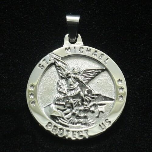 Unisex 316L Stainless Steel Star SAINT MICHAEL PROTECT US Silver-Color Pendant