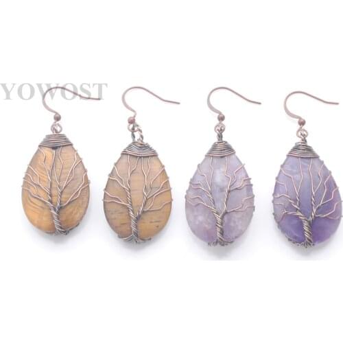 New arrivals Women Earrings Tree of Life Bronze Ancient Copper Wrap Wire Natural Gem Stone Water Hoop Drop Earrings QBR345