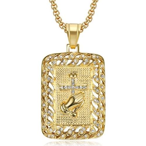 Hip hop stainless steel Gold Color Fulled Crystal Double Hands Prayer Pendant Necklace Hip Hop Link Chain Necklace For Men
