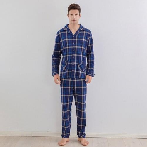 Mens Pure Cotton Pajamas Set Long Sleeve Sleep set with Long Pant Home wear casual loose British Plaid Pajama pants Loungewear