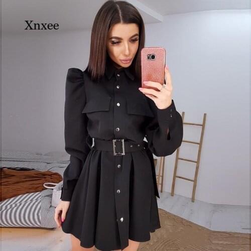 Spring High Waist New Solid Color Ladies Puff Sleeve Fashion Belt Dress Lapel A Line Mini Party Dress Casual