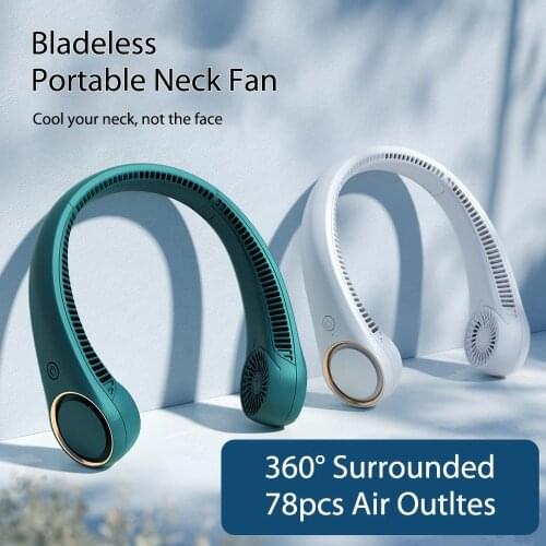 Portable Leafless Hanging Neck Fan Dual Cooling Neckband Mini USB Rechargeable