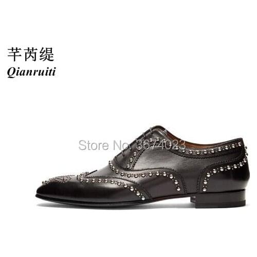 Qianruiti Men Wedding Shoes Patent Leather Oxfords Spikes Loafers Lace Up Low Heels Business Men Flats Male Dress Shoes