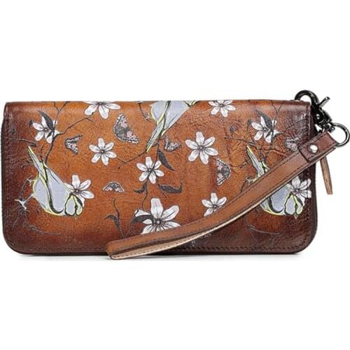 Retro Female Purse Clutch Handy Bag Credit ID Cards Floral Printing Money Clips Wrist Bags Genuine Leather Women Long Wallets