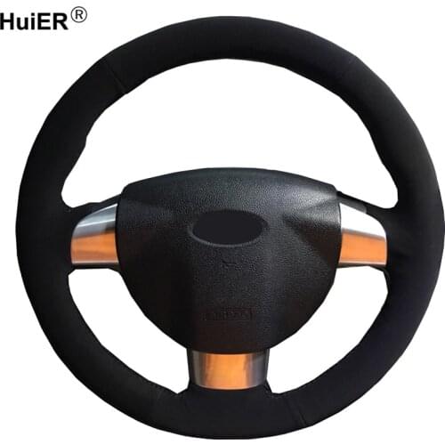 Hand Sewing Car Steering Wheel Cover Black Suede Wrap Cow Leather For Ford Focus 2 2005 2006 2007 2008 2009 2010 2011 (3-Spoke)