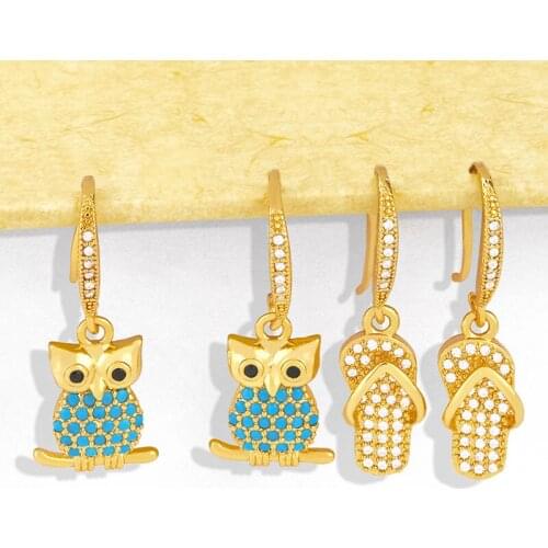 FLOLA Copper Zircon Owl Flip Flops Earrings For Women Blue White Stone Gold Drop Earrings Accessories For Women ersx71