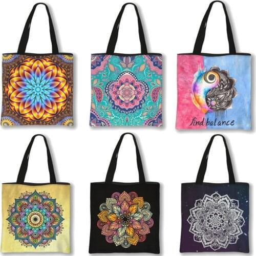 Mandala Flower Tote Bags Women Eco Linen Reusable Shopping Bag Floral Print Handbags For Lady Traveling Beach