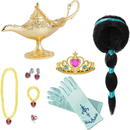 Girls Jasmine Jewelre Aladdins Lamp Wig Princess Accesories Crown Wand Necklace Bracelet Earrings Sets for Kids Party