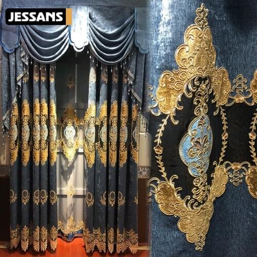 New European Blue Classic Hollow Embroidered Embroidery Curtains for Living Room Villa Bedroom Blackout Curtain Customization